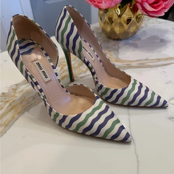 Miu Miu Multicolor Stripe Pointed Toe Pumps Green Heel - Picture 3 of 6